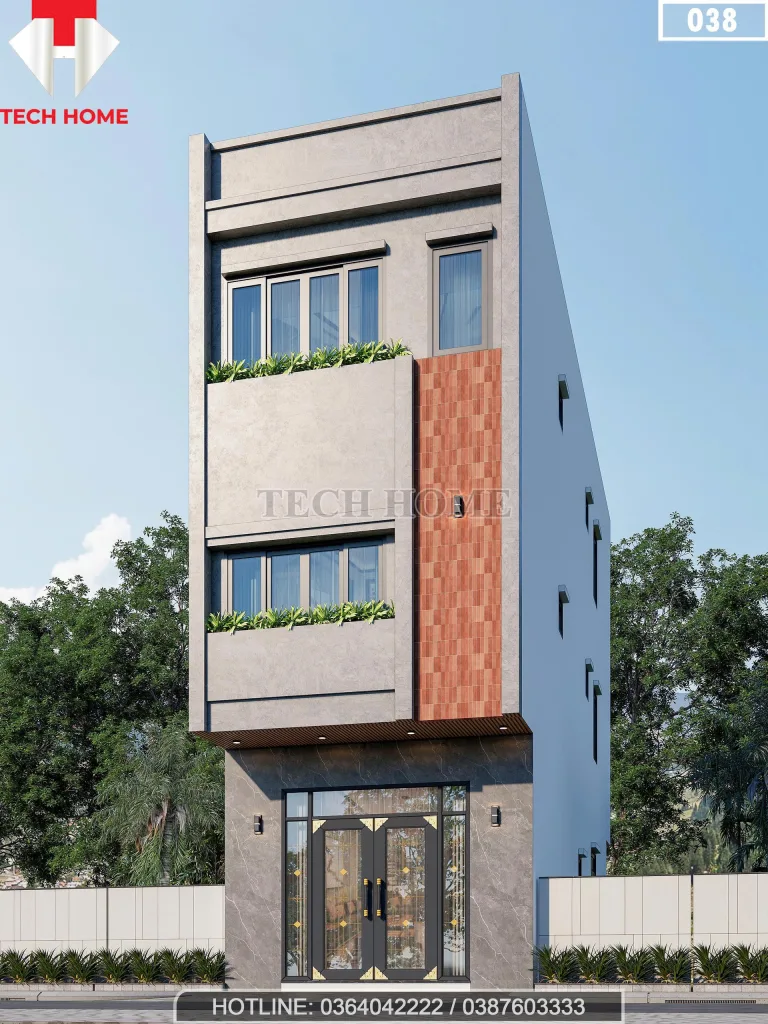 Phối cảnh góc nghiêng mẫu nhà ống 3 tầng đẹp với mảng tường ốp gạch trang trí nổi bật.