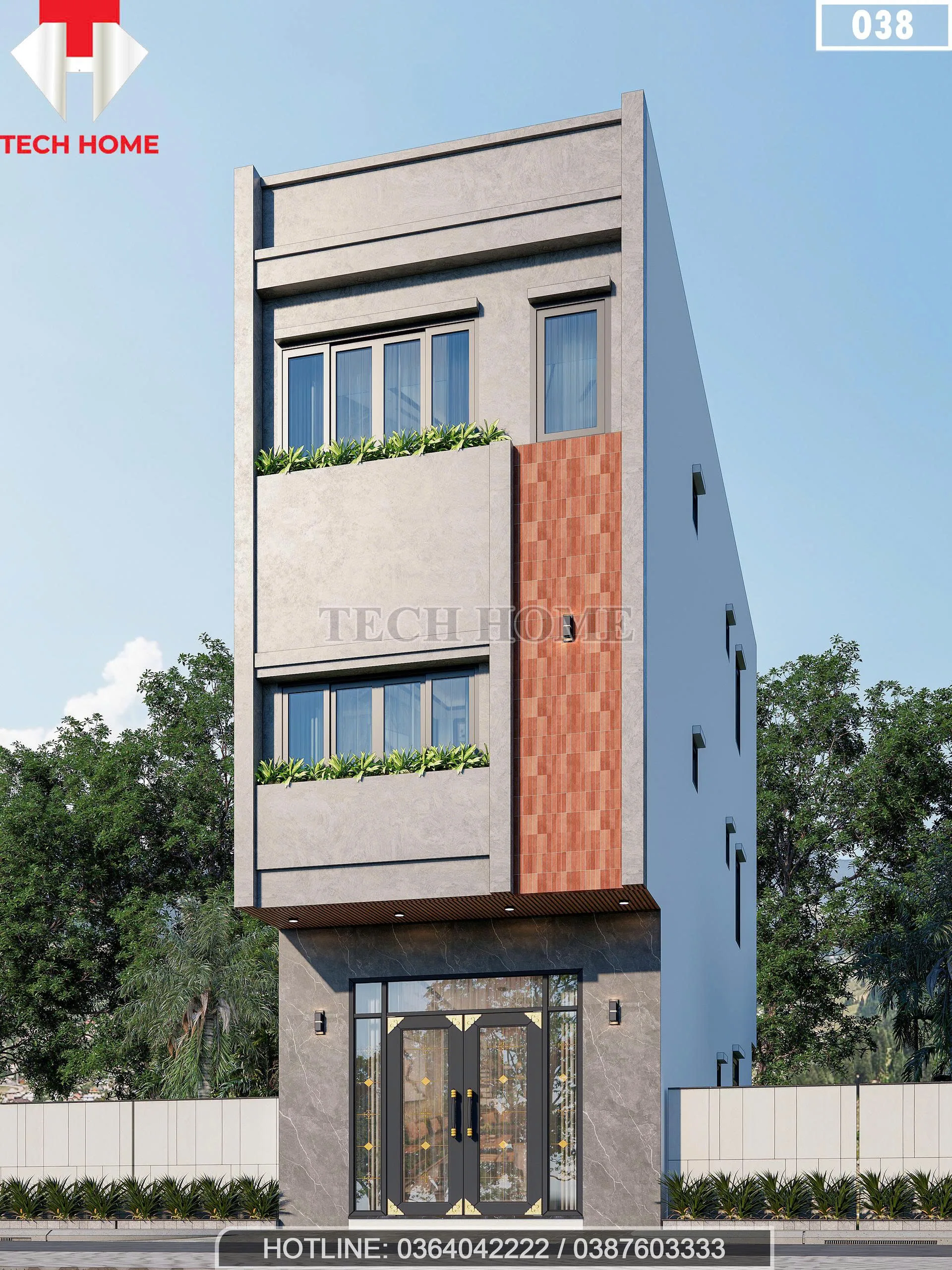 Phối cảnh góc nghiêng mẫu nhà ống 3 tầng đẹp với mảng tường ốp gạch trang trí nổi bật.