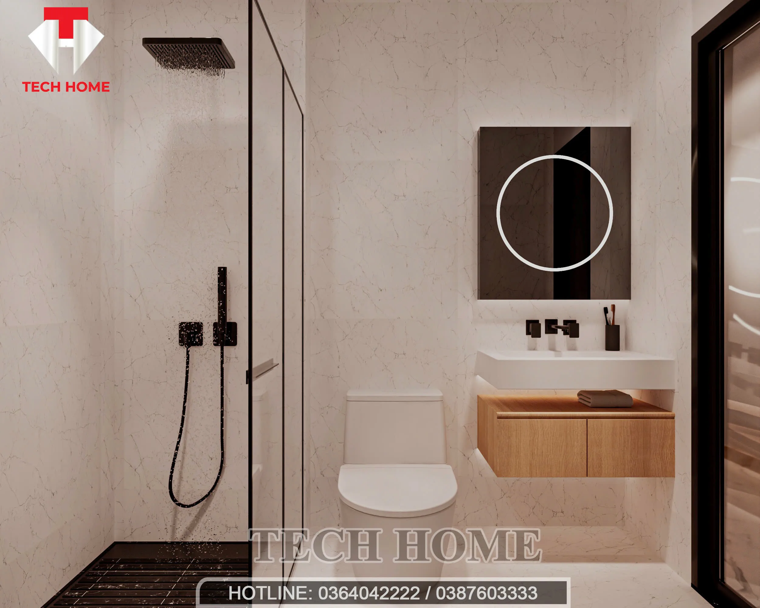 Thiết kế phòng tắm hiện đại ốp đá marble trắng sang trọng với thiết bị vệ sinh đen cao cấp.