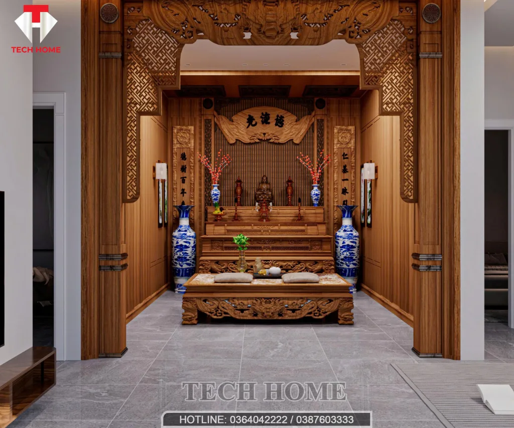 Nội thất phòng thờ gỗ tự nhiên tinh xảo trong thiết kế nội thất hiện đại mẫu nhà cấp 4 tại Quảng Yên.