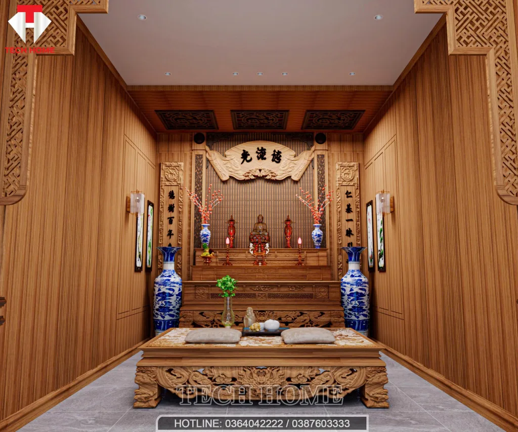 Nội thất phòng thờ gỗ tự nhiên tinh xảo trong thiết kế nội thất hiện đại mẫu nhà cấp 4 tại Quảng Yên.