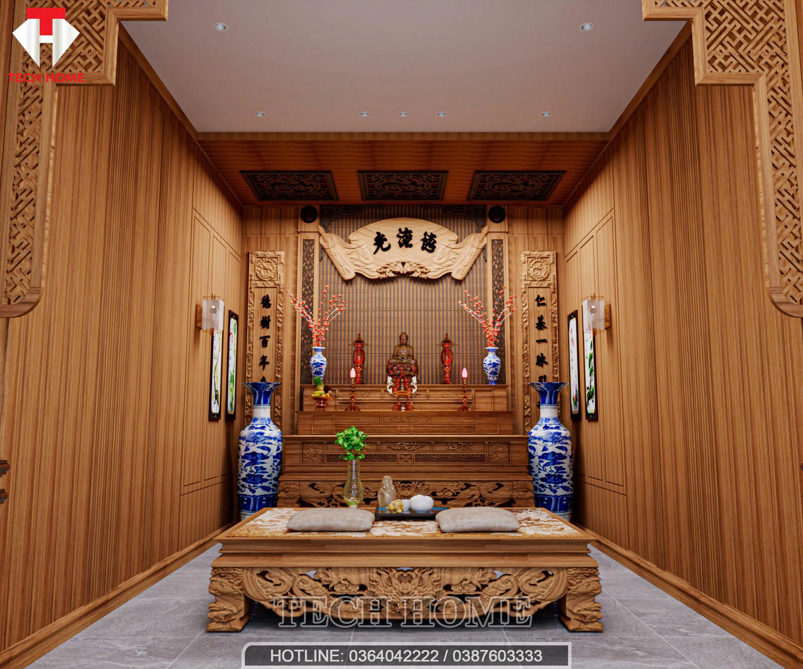 Nội thất phòng thờ gỗ tự nhiên tinh xảo trong thiết kế nội thất hiện đại mẫu nhà cấp 4 tại Quảng Yên.