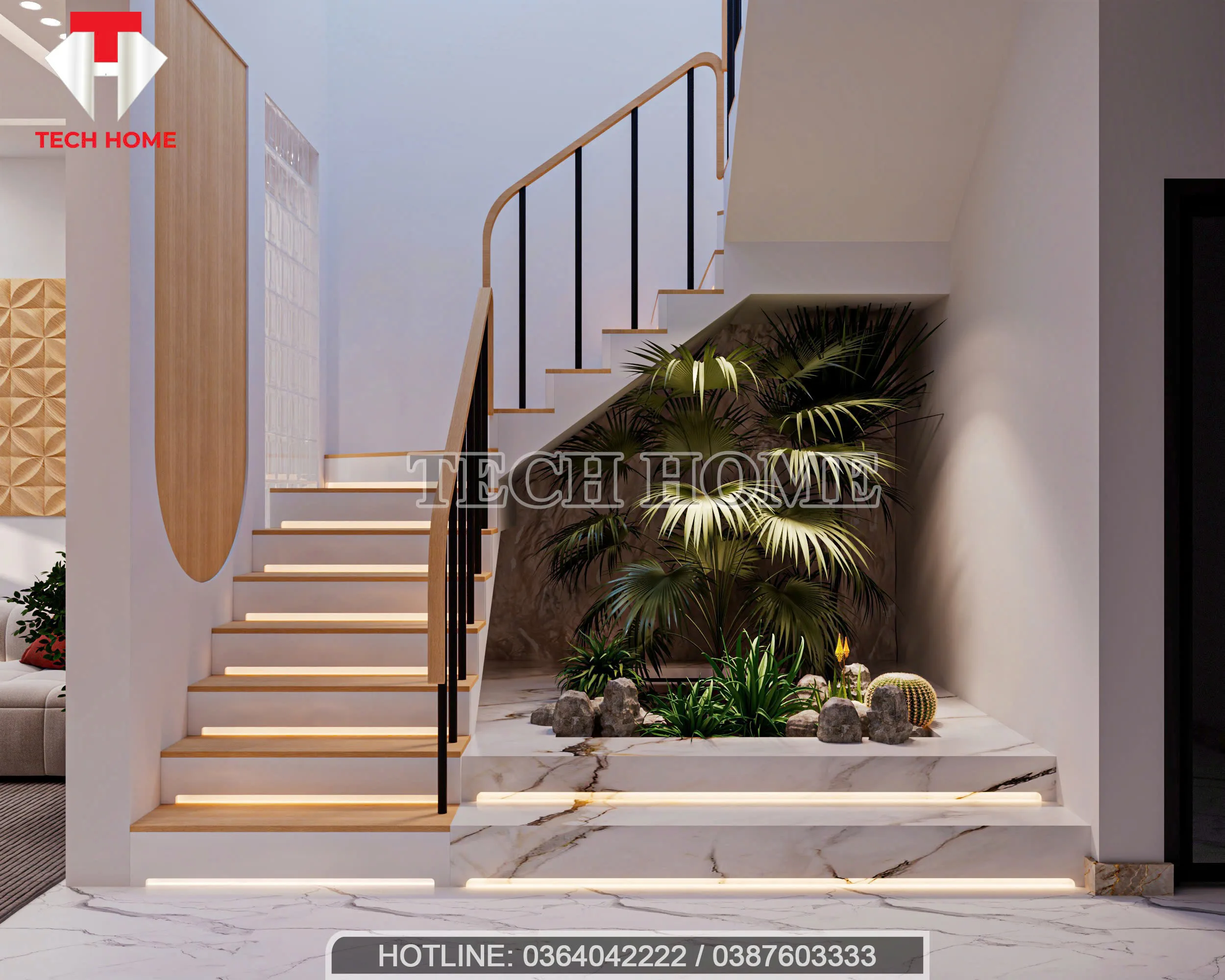 Trang trí tiểu cảnh xanh và hệ thống đèn LED bậc cầu thang hiện đại tạo điểm nhấn cho ngôi nhà.