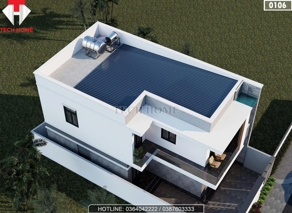 Tổng thể phối cảnh từ trên cao mẫu nhà phố 2 tầng hiện đại hệ mái bằng hiện đại.