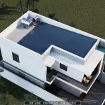 Tổng thể phối cảnh từ trên cao mẫu nhà phố 2 tầng hiện đại hệ mái bằng hiện đại.