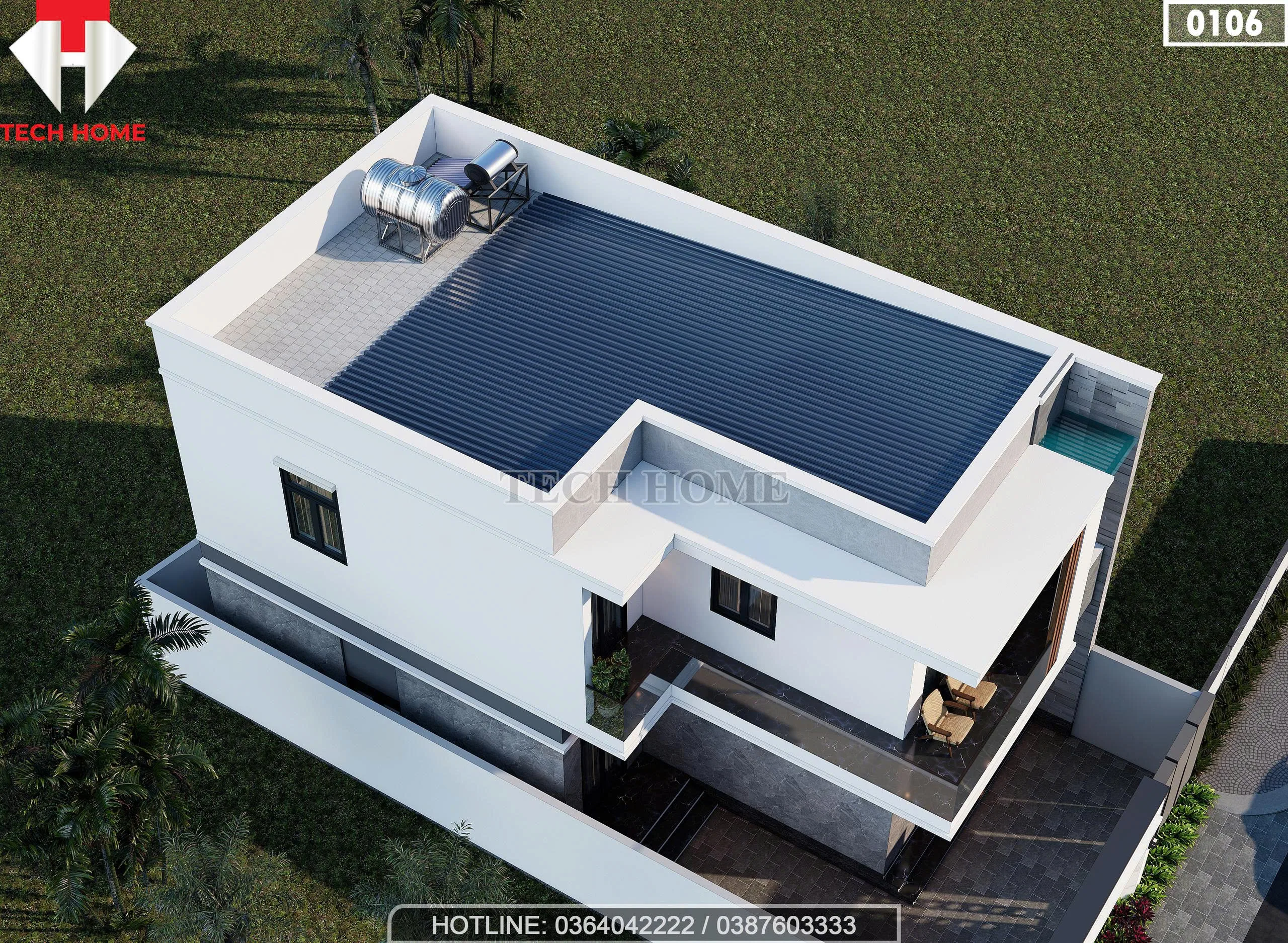 Tổng thể phối cảnh từ trên cao mẫu nhà phố 2 tầng hiện đại hệ mái bằng hiện đại.