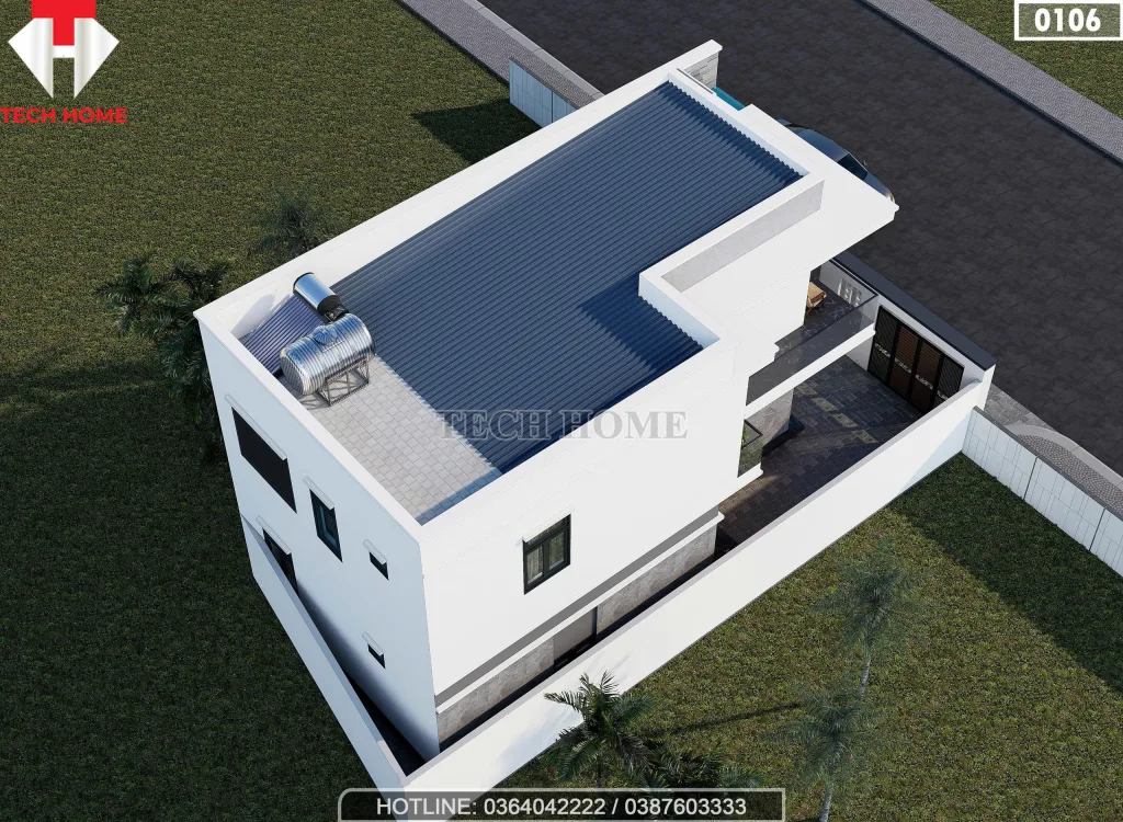 Tổng thể mặt sau mẫu nhà phố 2 tầng hiện đại