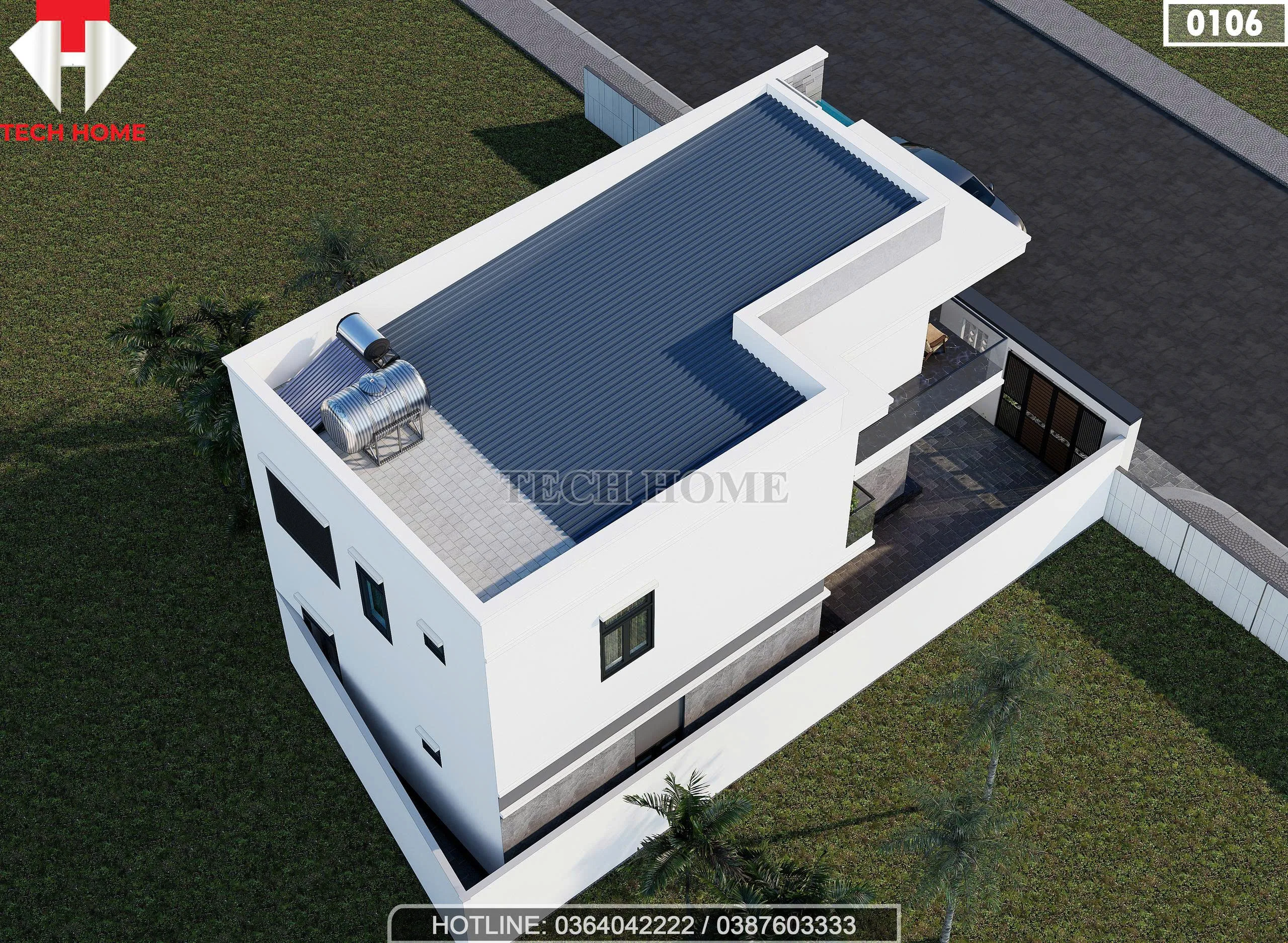 Tổng thể mặt sau mẫu nhà phố 2 tầng hiện đại