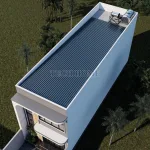 Phối cảnh tổng thể từ trên cao mẫu nhà gác lửng hiện đại với hệ mái tôn và bồn nước năng lượng mặt trời.