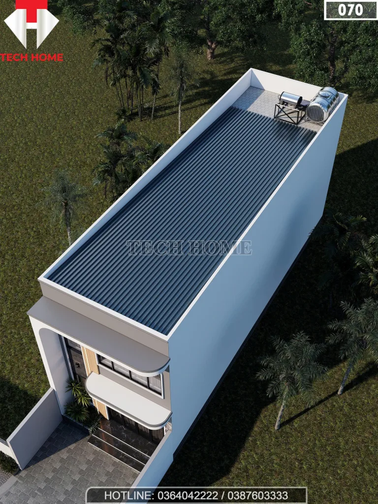 Phối cảnh tổng thể từ trên cao mẫu nhà gác lửng hiện đại với hệ mái tôn và bồn nước năng lượng mặt trời.