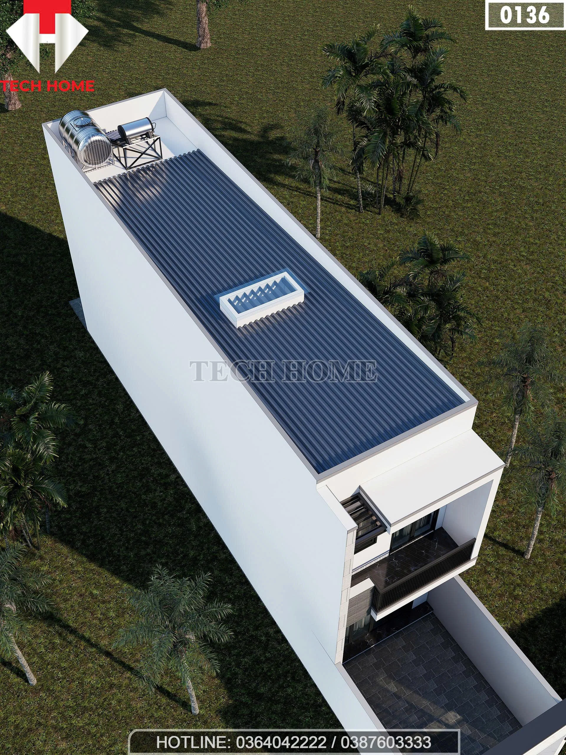 Tổng thể mái tôn và ô lấy sáng mẫu nhà ống 2 tầng 4x15m nhìn từ trên cao.