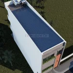 Tổng thể từ trên cao mẫu nhà ống 3 tầng đẹp sử dụng mái tôn và hệ thống năng lượng mặt trời.