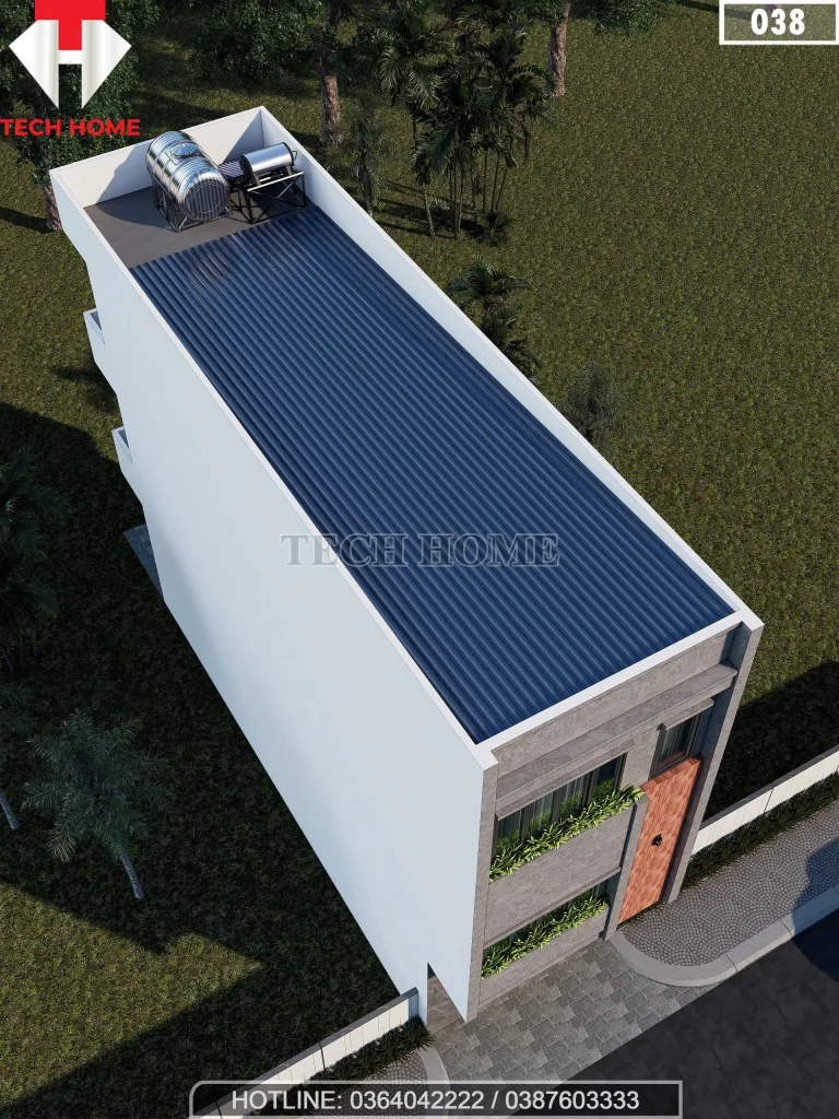 Tổng thể từ trên cao mẫu nhà ống 3 tầng đẹp sử dụng mái tôn và hệ thống năng lượng mặt trời.