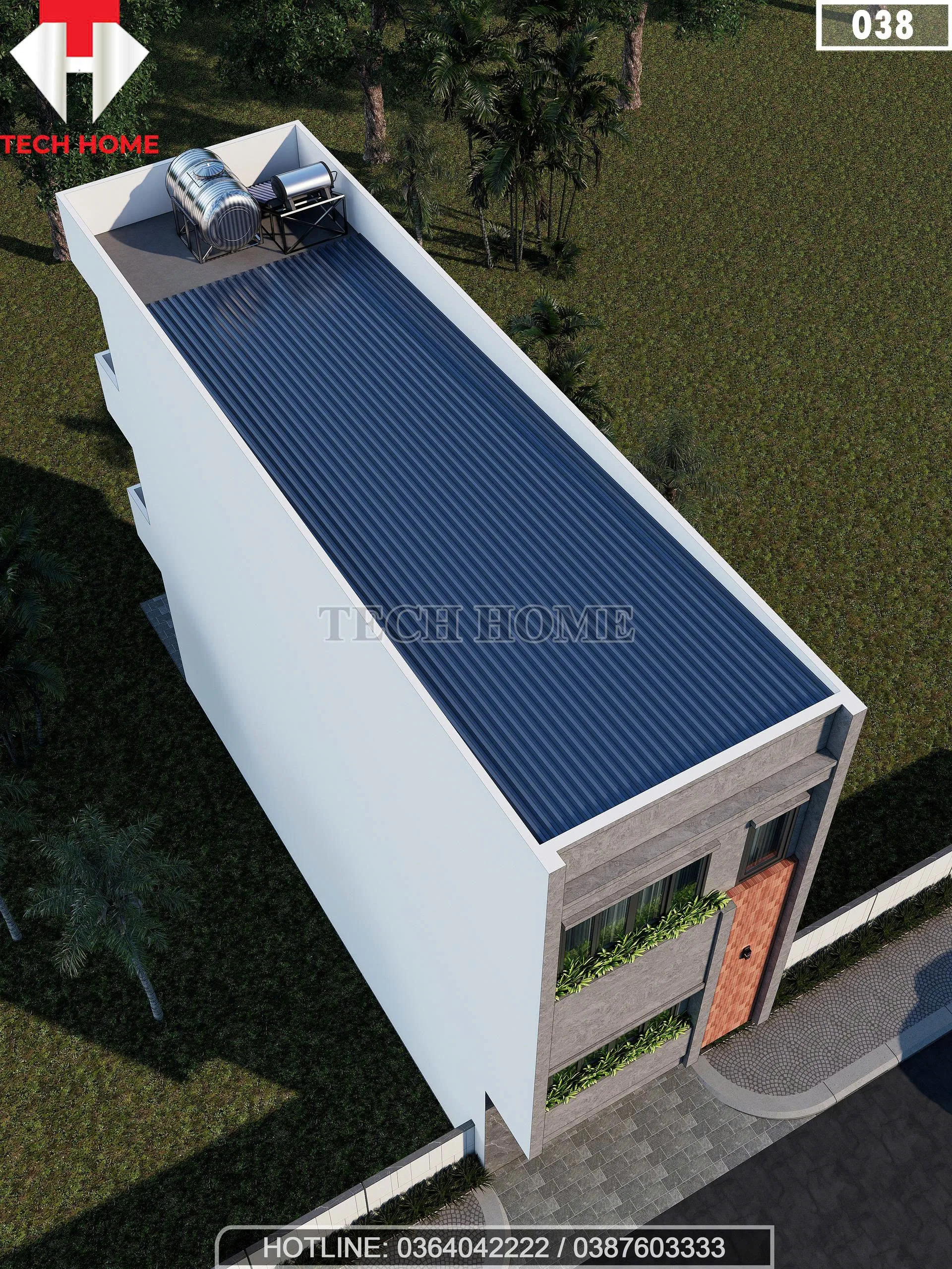 Tổng thể từ trên cao mẫu nhà ống 3 tầng đẹp sử dụng mái tôn và hệ thống năng lượng mặt trời.