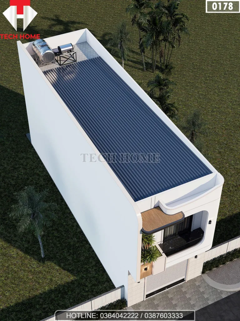 Tổng thể từ trên cao mẫu nhà phố 2 tầng hiện đại với hệ mái tôn chống nóng và bồn nước thái dương năng.