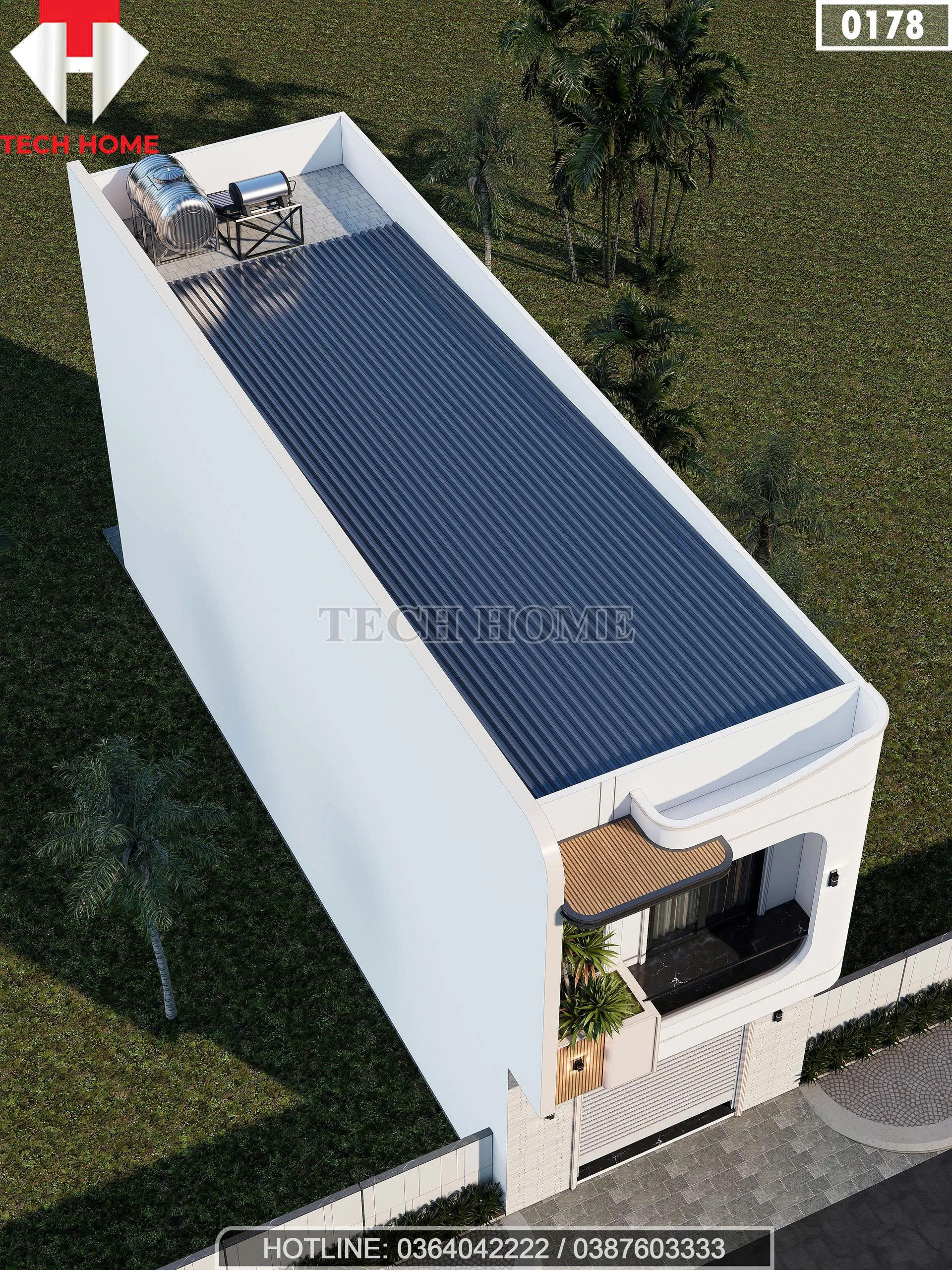 Tổng thể từ trên cao mẫu nhà phố 2 tầng hiện đại với hệ mái tôn chống nóng và bồn nước thái dương năng.