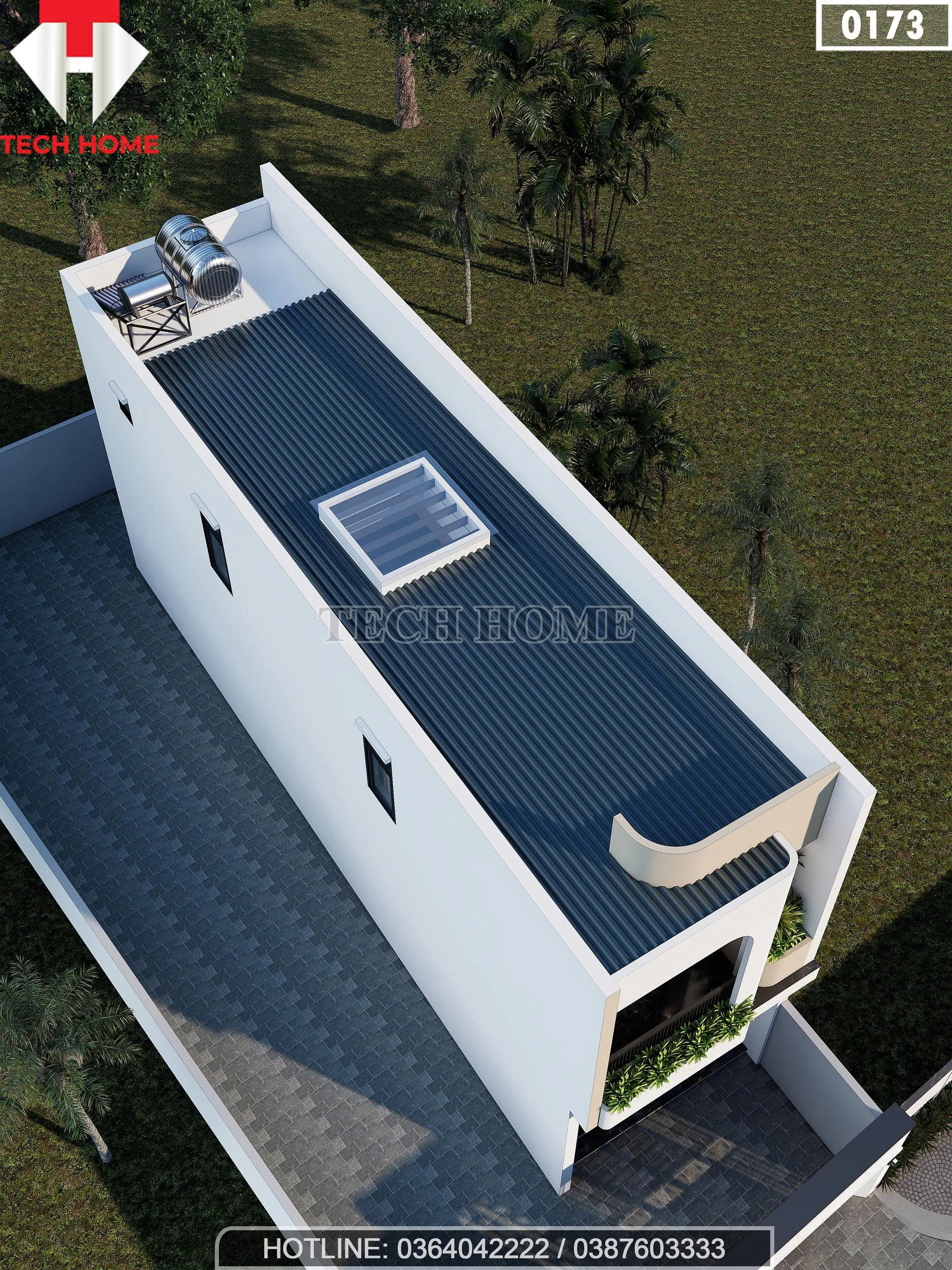 Phối cảnh từ trên cao mẫu nhà phố 2 tầng hiện đại cho thấy hệ thống giếng trời và thái dương năng.