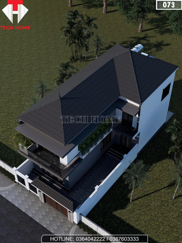 Góc nhìn tổng thể hệ mái Nhật và kiến trúc mẫu nhà mái Nhật 2 tầng hiện đại nhìn từ trên cao.