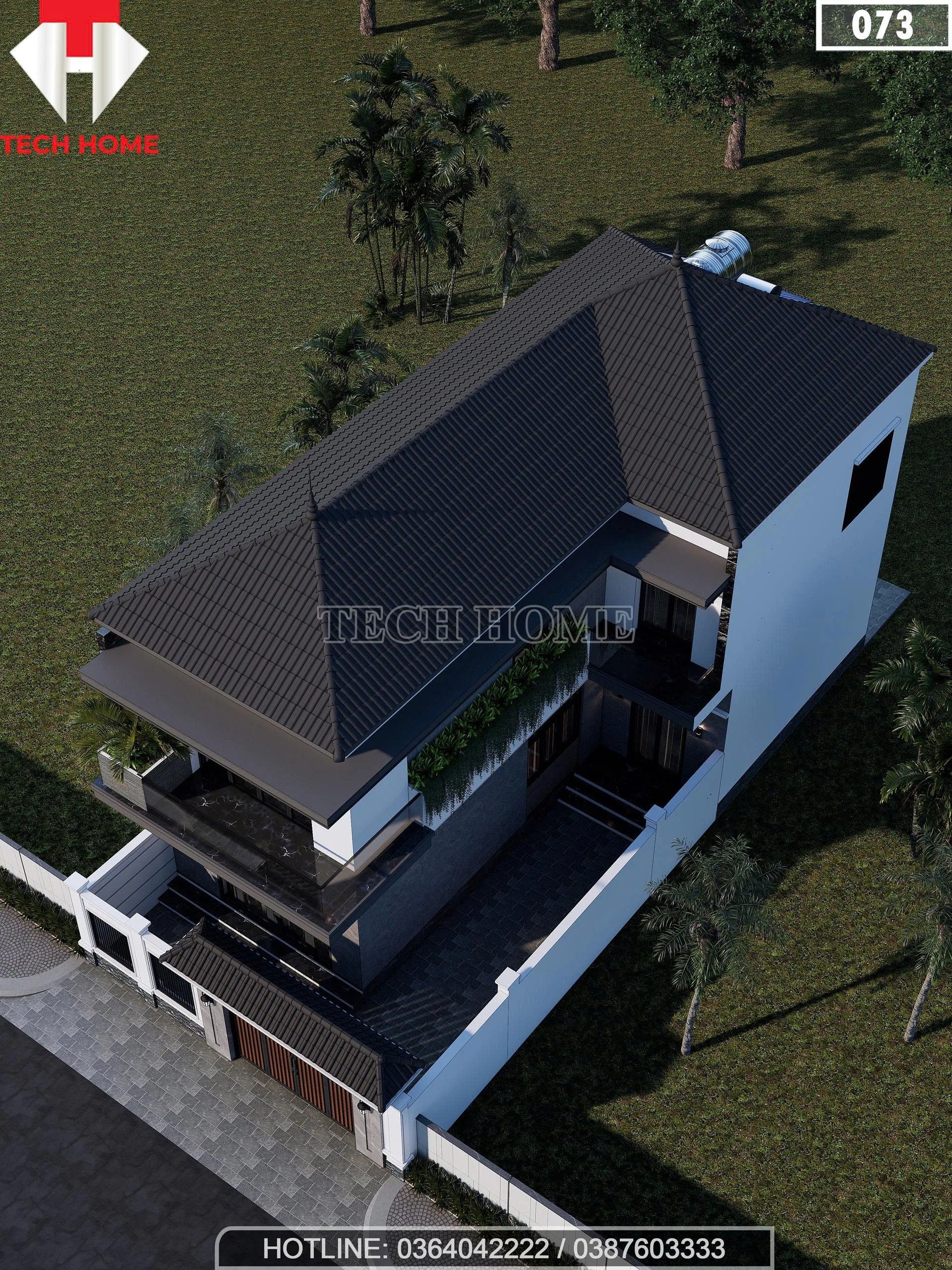 Góc nhìn tổng thể hệ mái Nhật và kiến trúc mẫu nhà mái Nhật 2 tầng hiện đại nhìn từ trên cao.