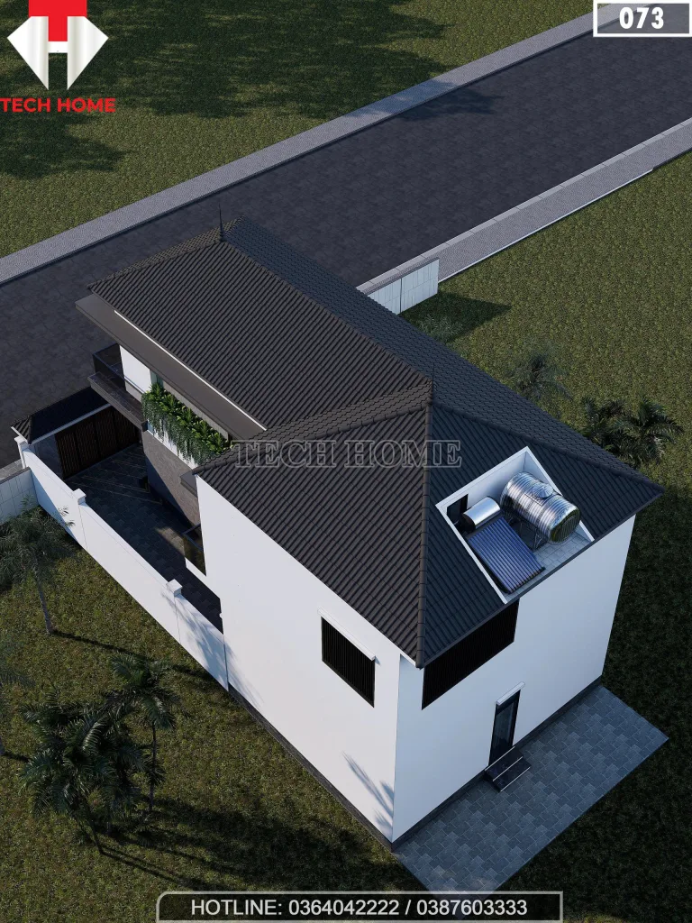 Tổng thể mặt sau mẫu nhà mái Nhật 2 tầng hiện đại