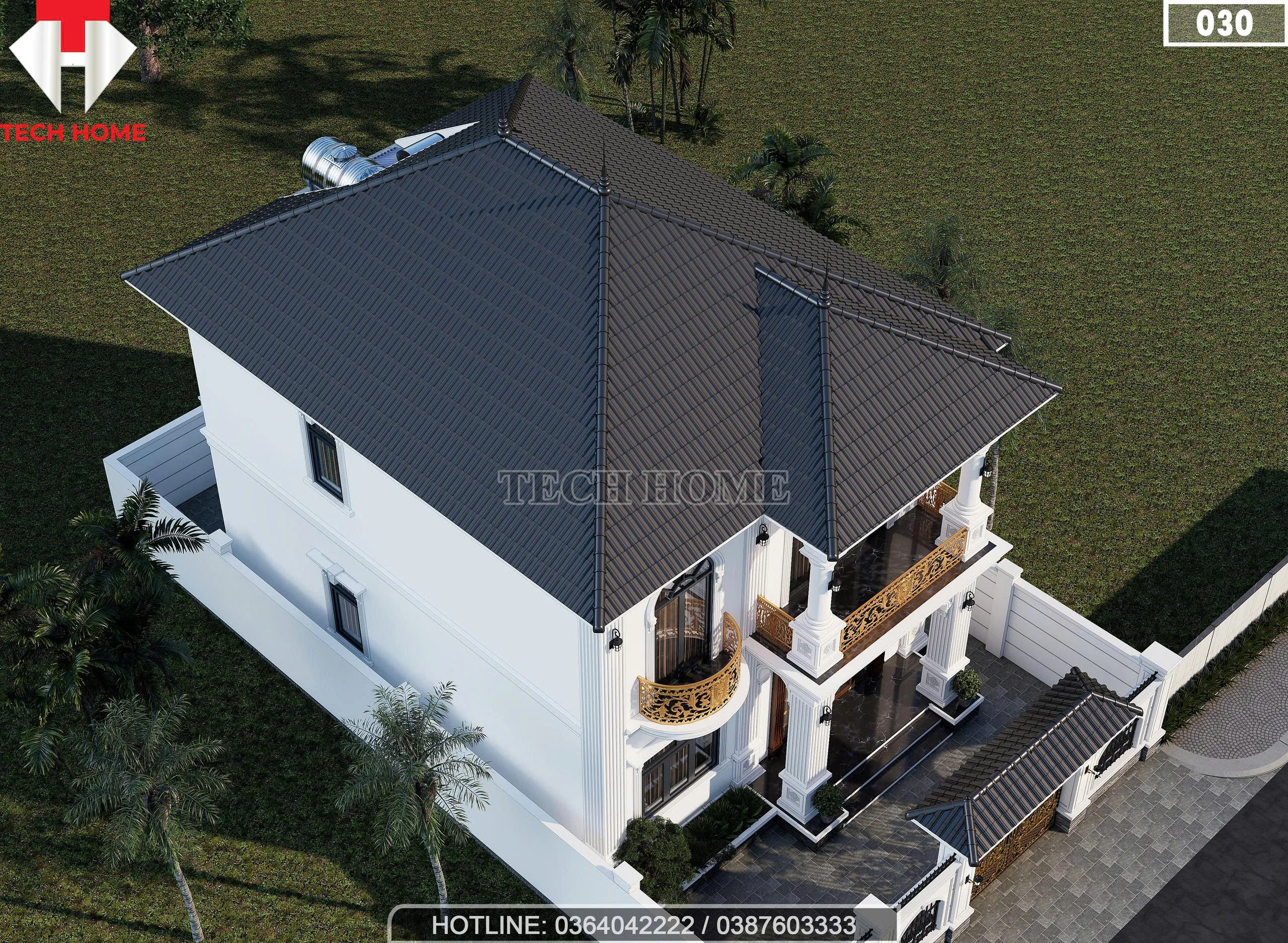 Tổng thể hệ mái Nhật xanh đen hiện đại của mẫu nhà 2 tầng tân cổ điển.