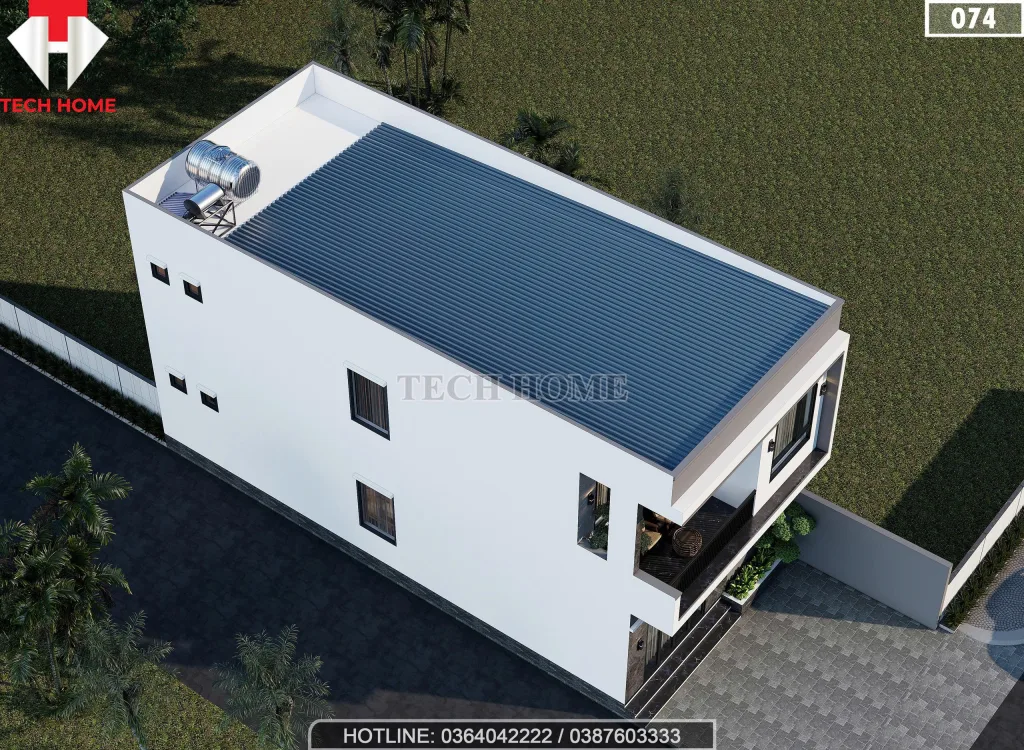 Tổng thể mẫu nhà 2 tầng 4 phòng ngủ hiện đại lợp mái tôn chống nóng tiết kiệm chi phí.