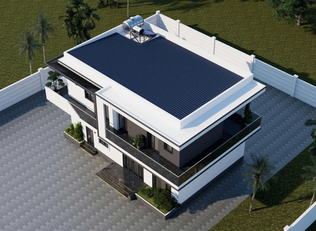 Tổng thể mẫu nhà 2 tầng hiện đại 100m2 từ trên cao với hệ mái bằng hiện đại