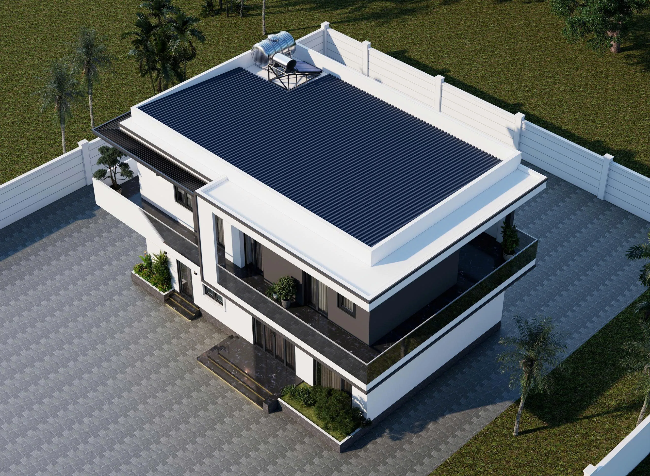 Tổng thể mẫu nhà 2 tầng hiện đại 100m2 từ trên cao với hệ mái bằng hiện đại