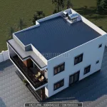 Tổng thể mẫu nhà 2 tầng mái bằng hiện đại nhìn từ trên cao với hệ thống bồn nước và năng lượng mặt trời.