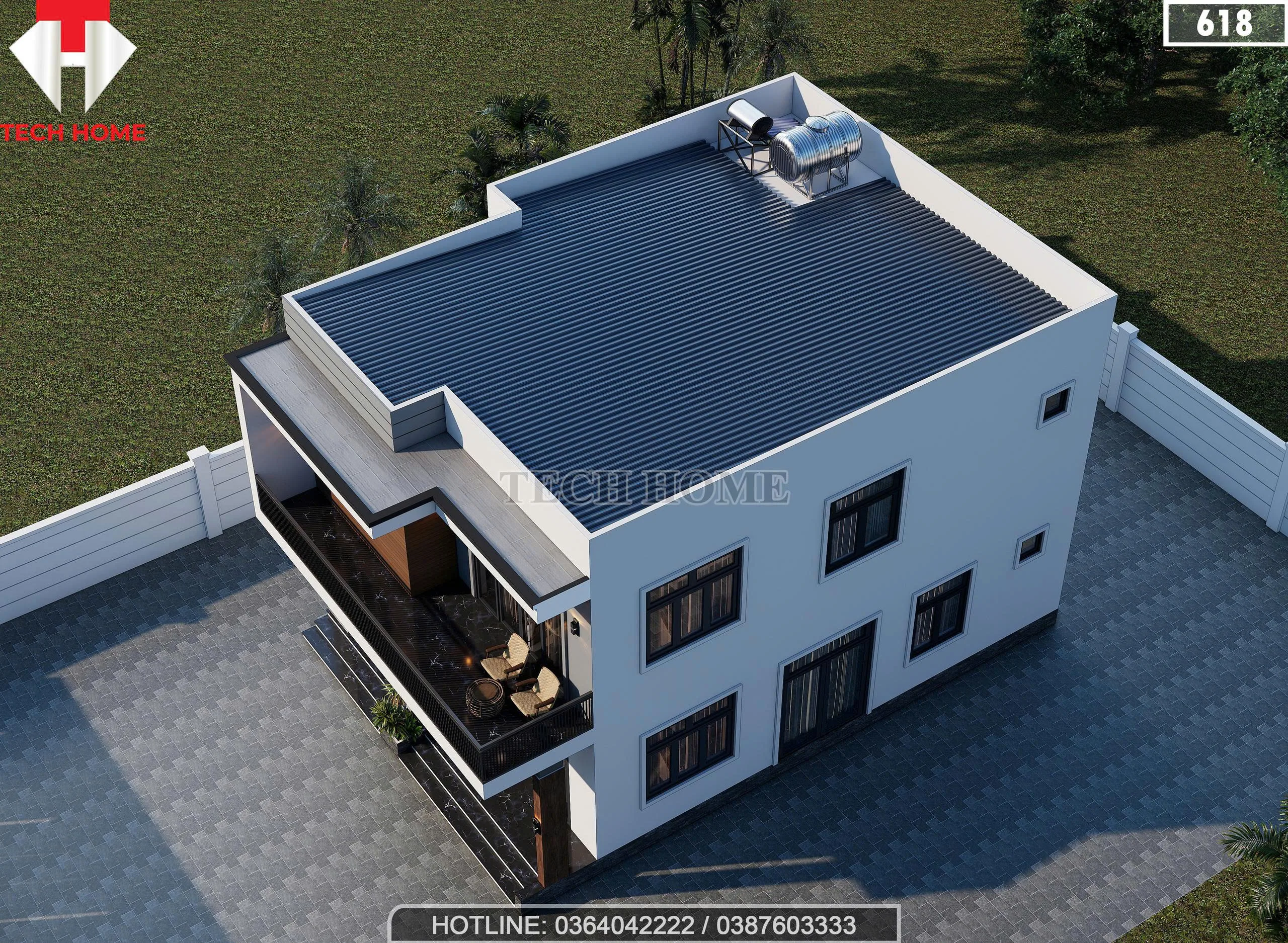 Tổng thể mẫu nhà 2 tầng mái bằng hiện đại nhìn từ trên cao với hệ thống bồn nước và năng lượng mặt trời.