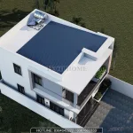 Tổng thể mẫu nhà 2 tầng mái bằng hiện đại từ trên cao, bố trí bồn nước và thái dương năng tiện lợi.