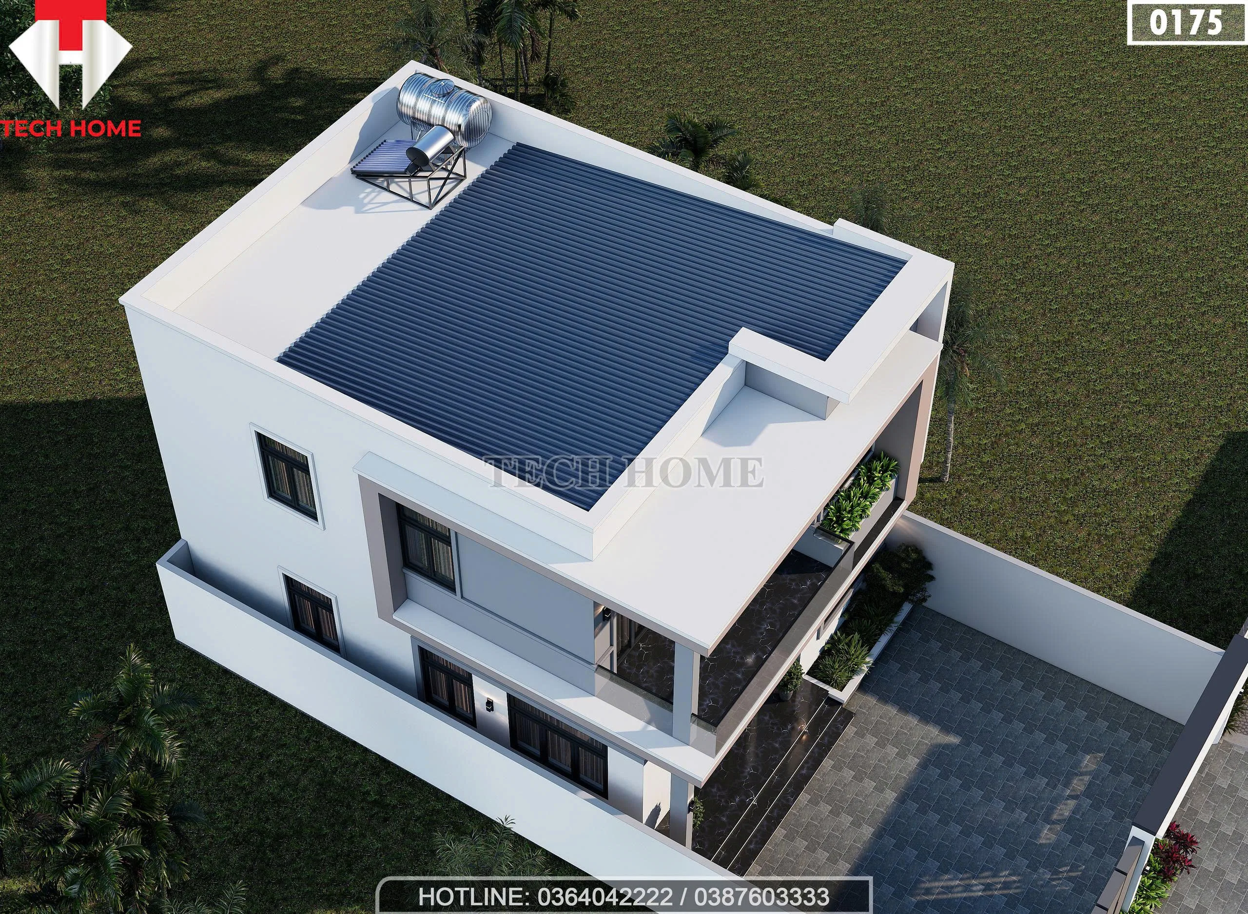 Tổng thể mẫu nhà 2 tầng mái bằng hiện đại từ trên cao, bố trí bồn nước và thái dương năng tiện lợi.