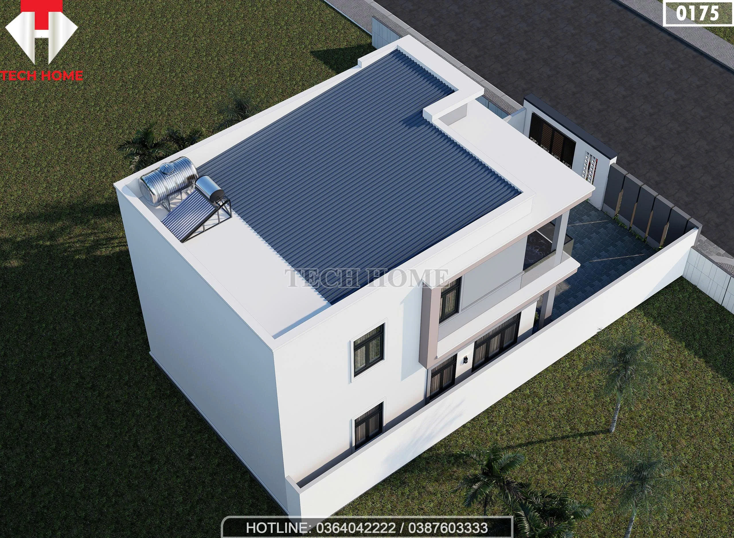 Tổng thể mặt sau mẫu nhà 2 tầng mái bằng hiện đại