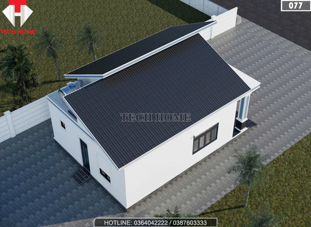 Tổng thể phối cảnh từ trên cao mẫu nhà cấp 4 mái lệch diện tích thiết kế 100m2.