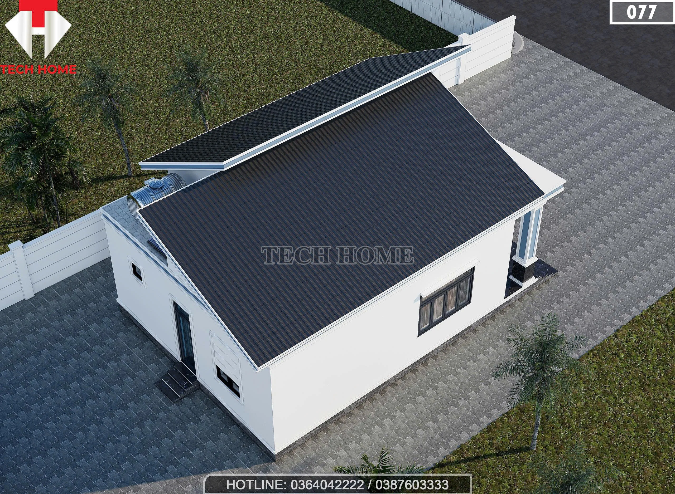 Tổng thể phối cảnh từ trên cao mẫu nhà cấp 4 mái lệch diện tích thiết kế 100m2.