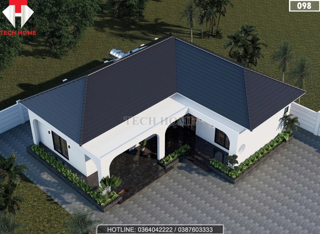 Tổng thể mẫu nhà cấp 4 mái Nhật 4 phòng ngủ nhìn từ trên cao với hệ mái ngói xanh than sang trọng.