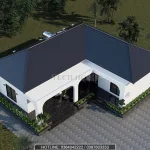 Tổng thể mẫu nhà cấp 4 mái Nhật 4 phòng ngủ nhìn từ trên cao với hệ mái ngói xanh than sang trọng.