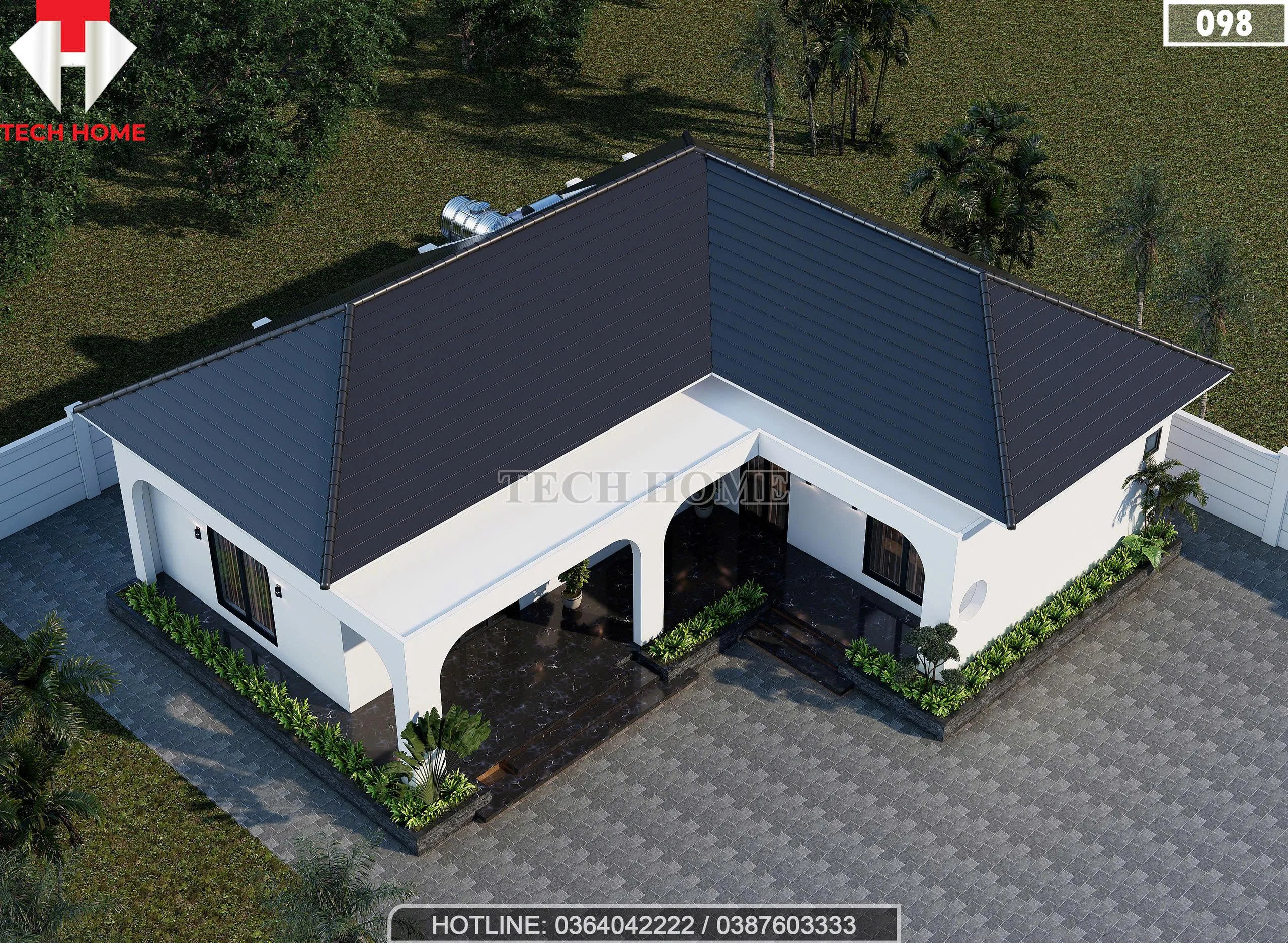 Tổng thể mẫu nhà cấp 4 mái Nhật 4 phòng ngủ nhìn từ trên cao với hệ mái ngói xanh than sang trọng.