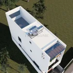 Tổng thể mẫu nhà ống 2 tầng 1 tum hiện đại nhìn từ trên cao với khoảng sân phơi rộng rãi.