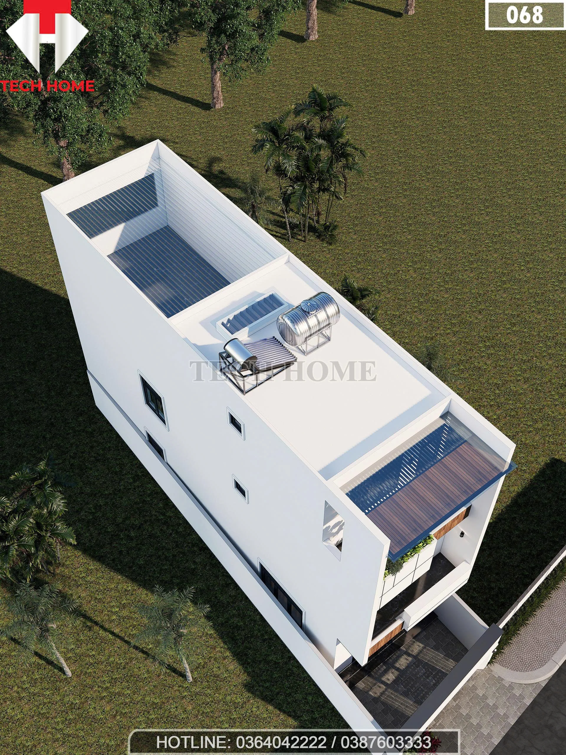 Tổng thể mẫu nhà ống 2 tầng 1 tum hiện đại nhìn từ trên cao với khoảng sân phơi rộng rãi.