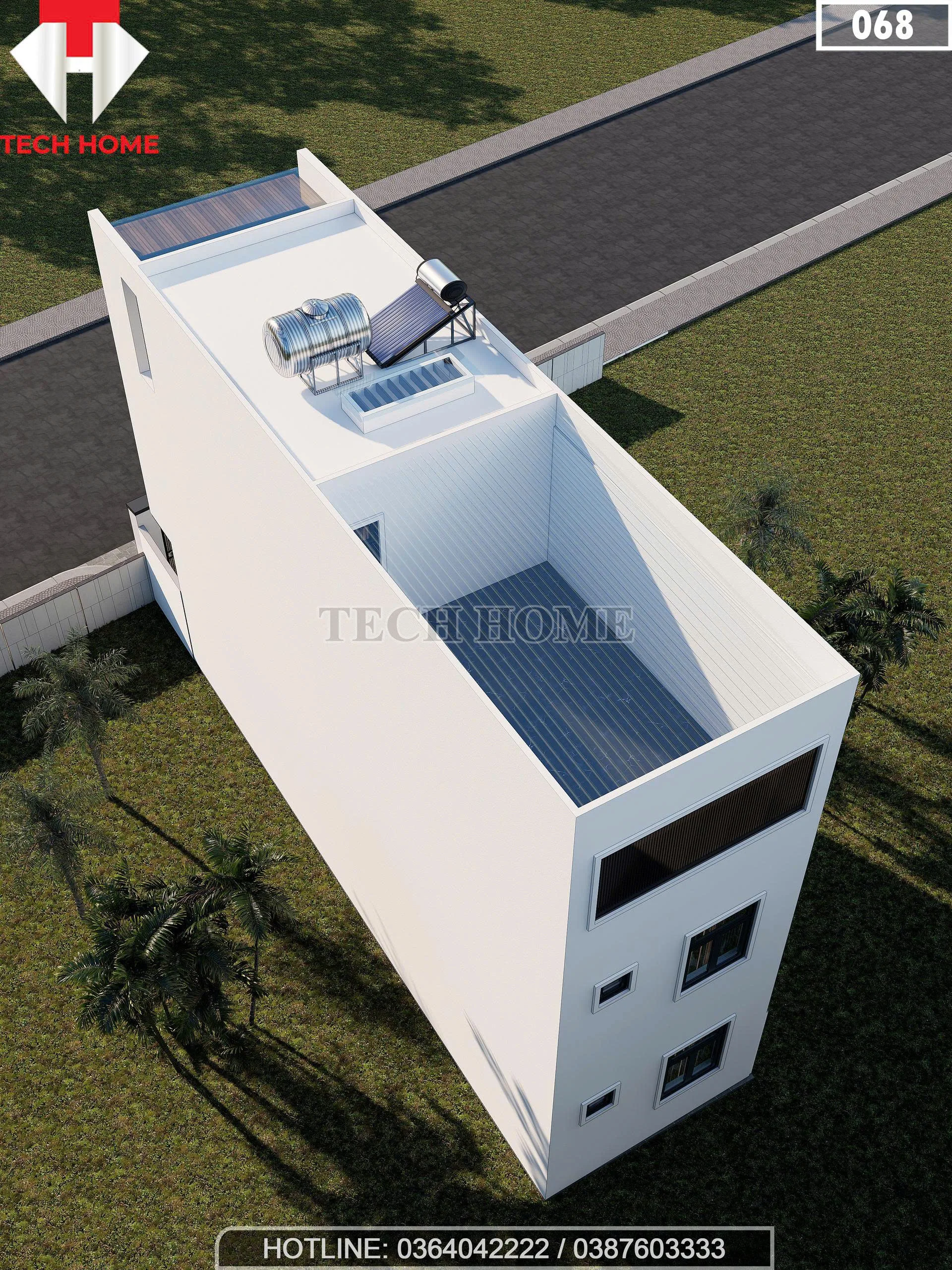 Tổng thể mặt sau mẫu nhà ống 2 tầng 1 tum hiện đại