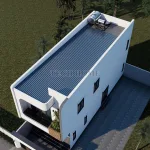 Toàn cảnh từ trên cao mẫu nhà ống 2 tầng hiện đại với hệ mái tôn chống nóng và bồn năng lượng mặt trời.