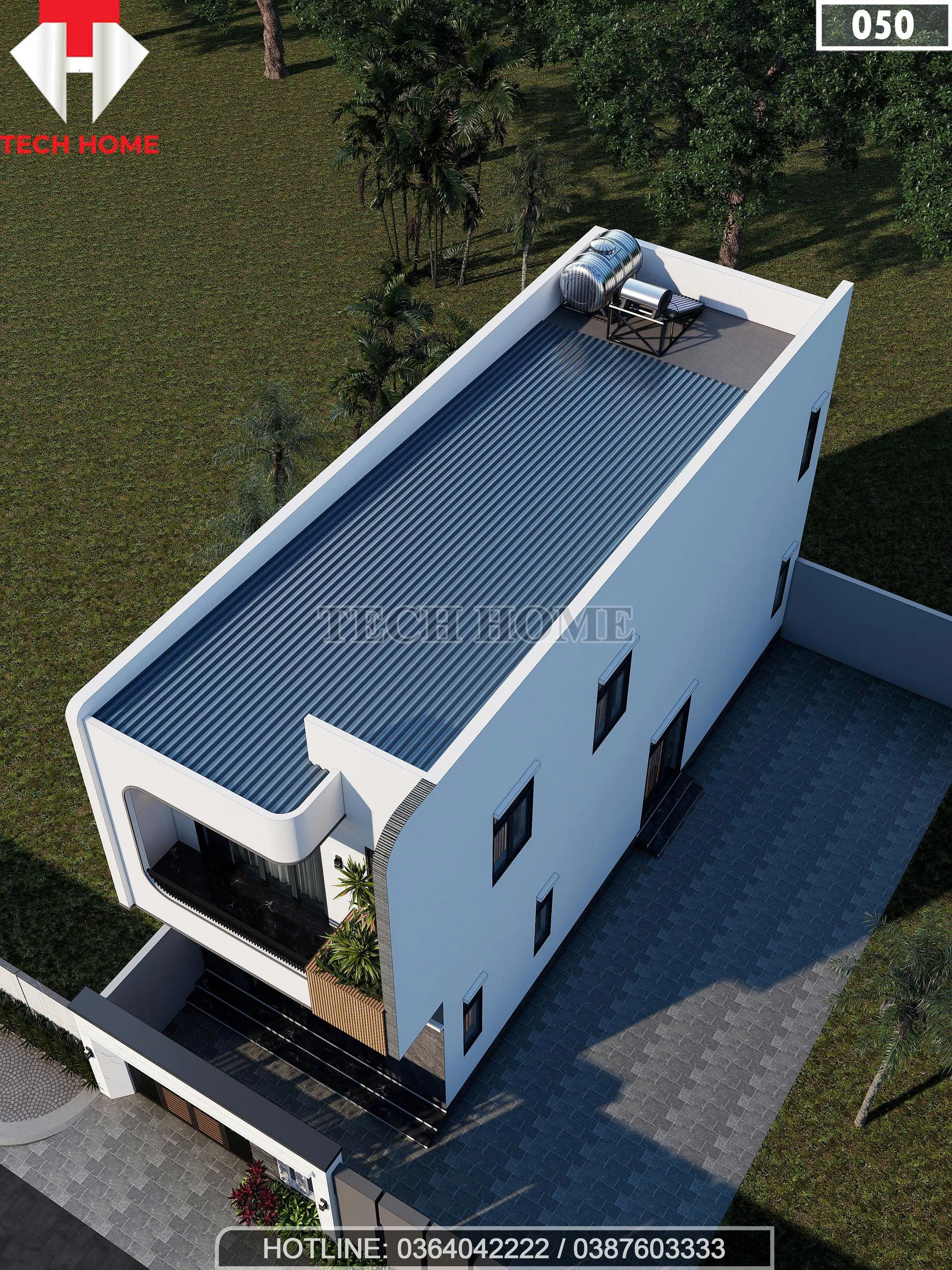 Toàn cảnh từ trên cao mẫu nhà ống 2 tầng hiện đại với hệ mái tôn chống nóng và bồn năng lượng mặt trời.