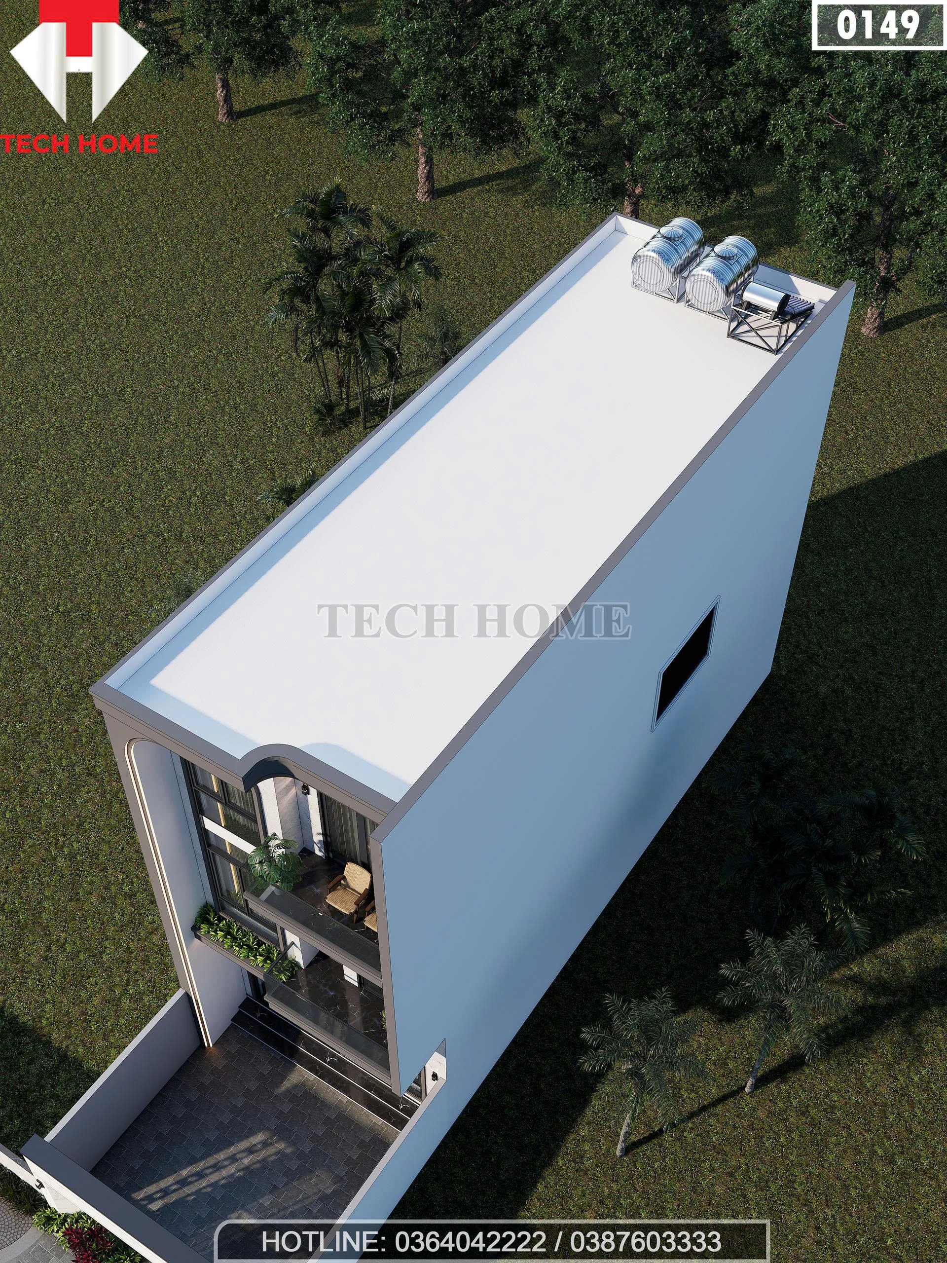 Tổng thể mẫu nhà ống 3 tầng hiện đại mái bằng diện tích sàn 100m2 của gia đình anh Trực.