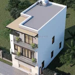 Tổng thể mẫu nhà phố 3 tầng hiện đại mái bằng có lắp thái dương năng từ trên cao.