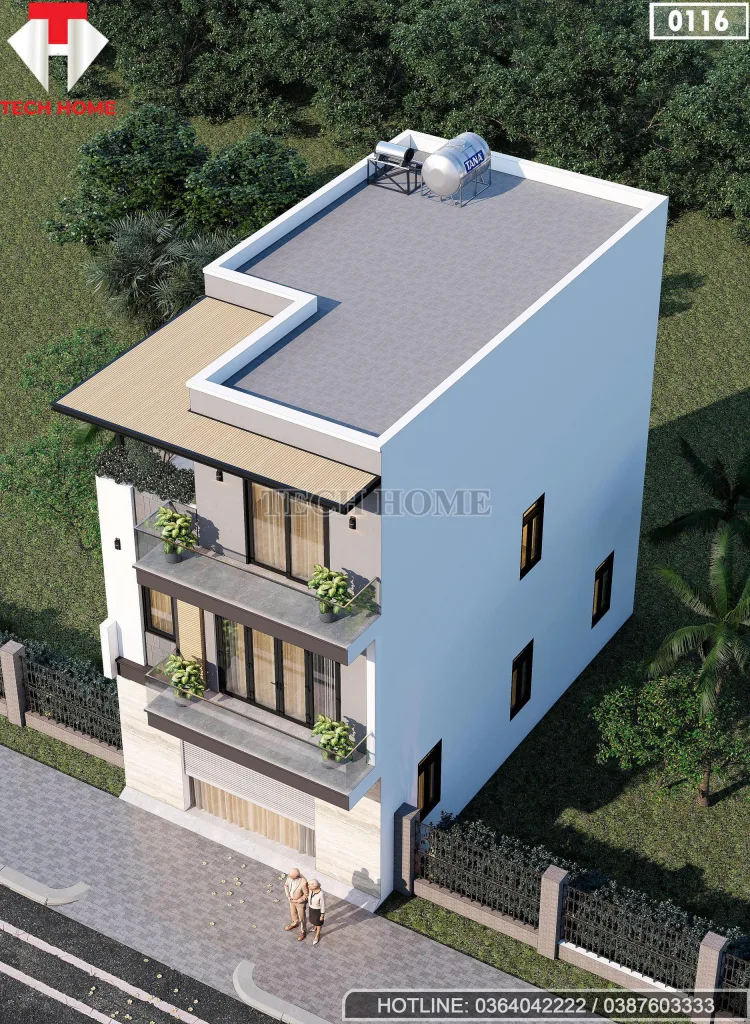 Tổng thể mẫu nhà phố 3 tầng hiện đại mái bằng có lắp thái dương năng từ trên cao.