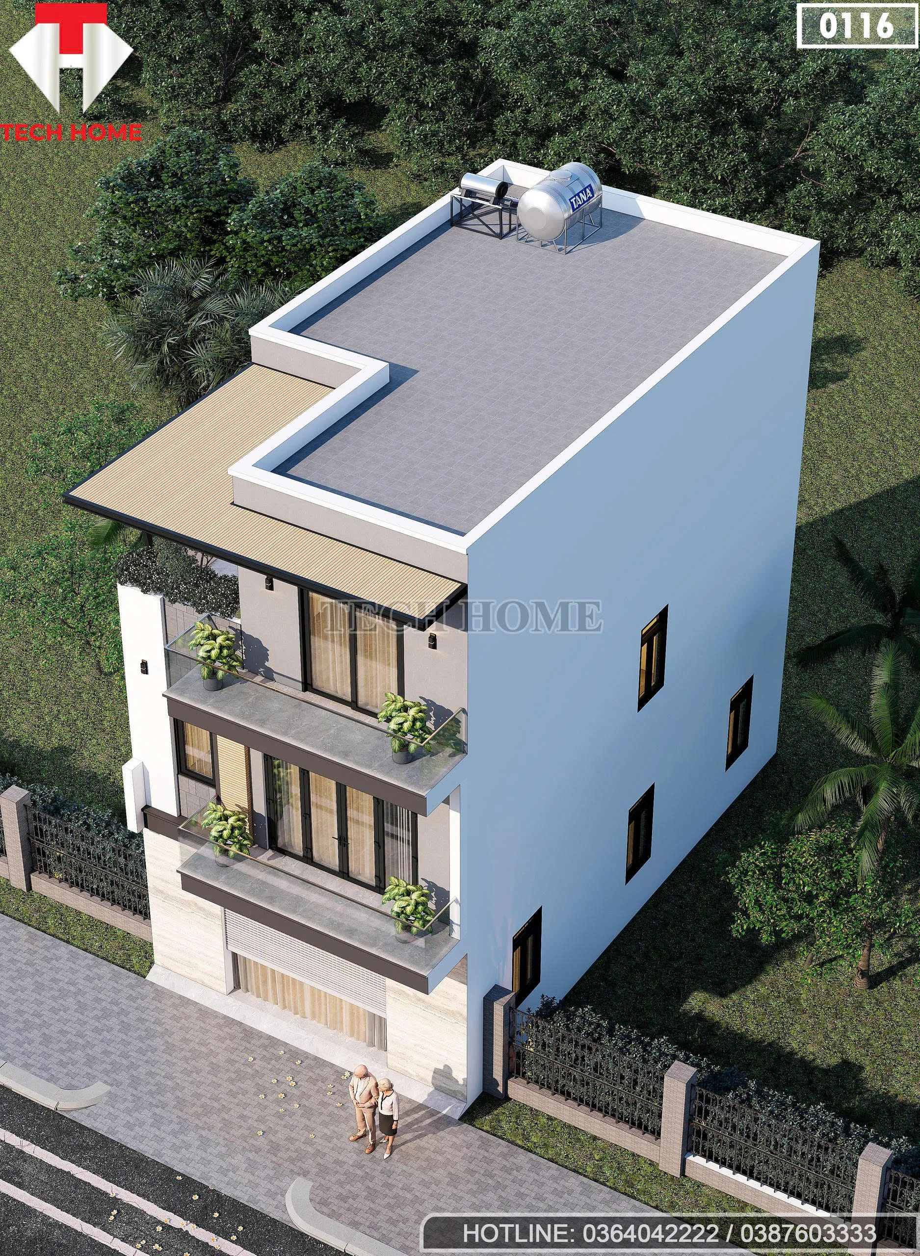 Tổng thể mẫu nhà phố 3 tầng hiện đại mái bằng có lắp thái dương năng từ trên cao.