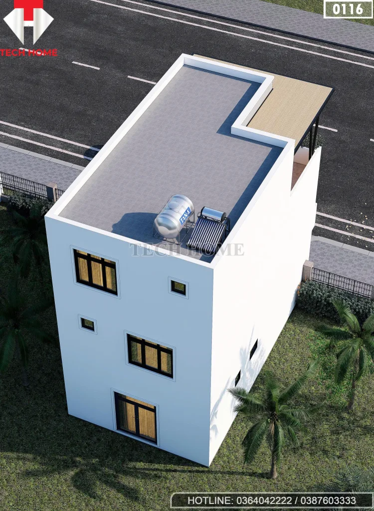 Tổng thể mặt sau mẫu nhà phố 3 tầng hiện đại