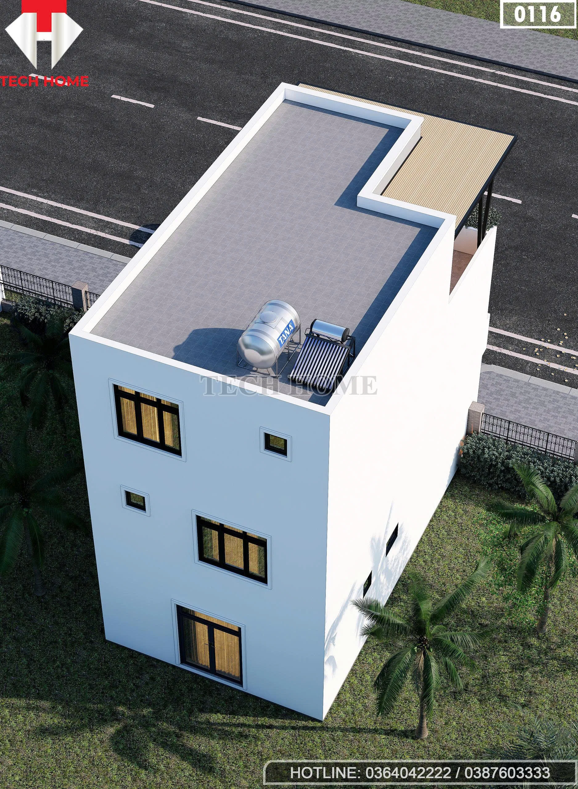 Tổng thể mặt sau mẫu nhà phố 3 tầng hiện đại