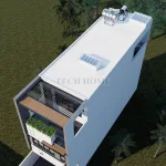 Tổng thể mẫu nhà phố 3 tầng hiện đại mái bằng có giếng trời và hệ thống năng lượng mặt trời.